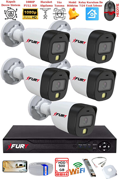Fury 5 Kameralı 5 MP Lens 2 MP Görüntü Gece Renkli Full HD Ultra Led Akıllı Güvenlik Kamerası Seti 500 GB
