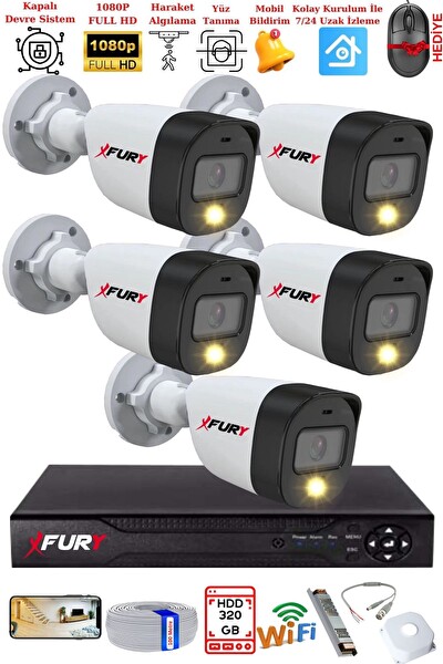Fury 5 Kameralı 5 MP Lens 2 MP Görüntü Gece Renkli Full Hd Ultra Led Akıllı Güvenlik Kamerası Seti 320 GB