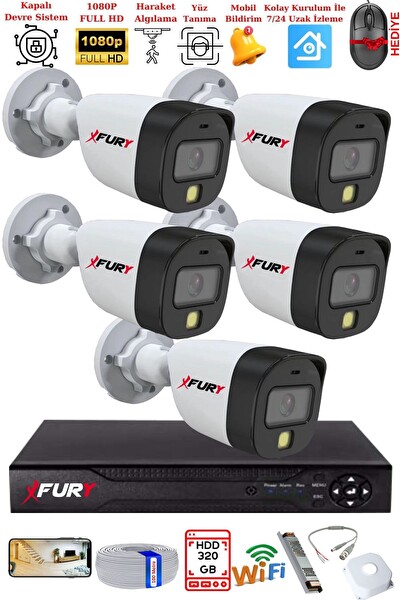 Fury 5 Kameralı 5 MP Lens 2 MP Görüntü Gece Renkli Full Hd Ultra Led Akıllı Güvenlik Kamerası Seti 320 GB