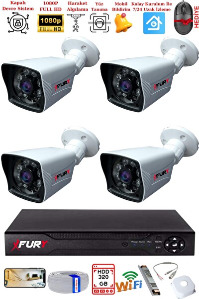 Fury 4 Kameralı 2 MP Full HD Görüntü 6 Atom Led Gece Görüşlü Dış Mekan Güvenlik Kamerası Seti 320 GB