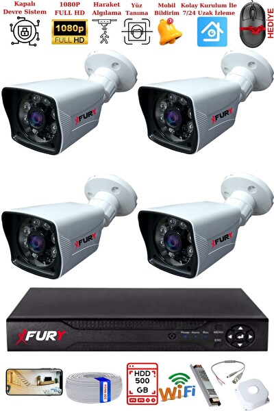 Fury 4 Kameralı 2 MP Full HD Görüntü 6 Atom Led Gece Görüşlü Dış Mekan Güvenlik Kamerası Seti 500 GB