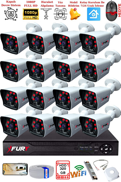 Fury 16 Kameralı 2 MP Full HD Görüntü 6 Atom Led Gece Görüşlü Dış Mekan Güvenlik Kamerası Seti 320 GB