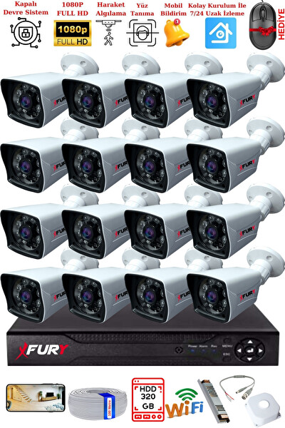 Fury 16 Kameralı 2 MP Full HD Görüntü 6 Atom Led Gece Görüşlü Dış Mekan Güvenlik Kamerası Seti 320 GB