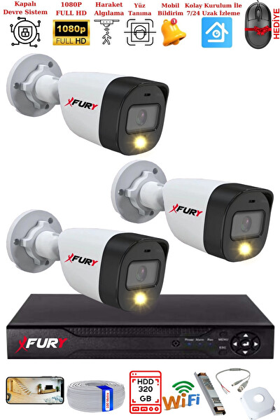 Fury 3 Kameralı 5 MP Lens 2 MP Görüntü Gece Renkli FHD Ultra Led Akıllı Güvenlik Kamerası Seti 320 GB