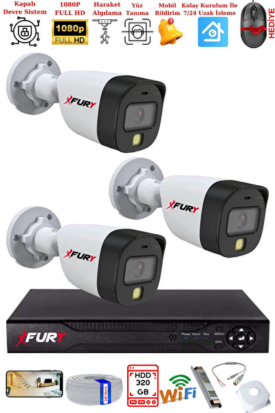 Fury 3 Kameralı 5 MP Lens 2 MP Görüntü Gece Renkli FHD Ultra Led Akıllı Güvenlik Kamerası Seti 320 GB