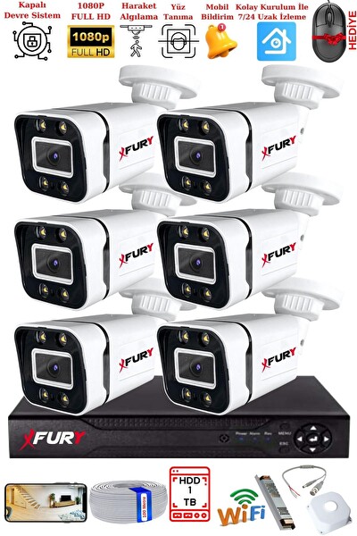 Fury 6 Kameralı 1080P Görüntü Gece Renkli Full HD 4 x Ultra LED Gece Renkli Güvenlik Kamerası Seti 1 TB