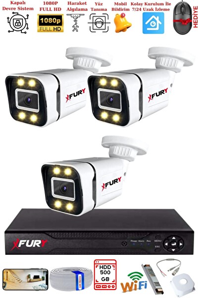 Fury 3 Kameralı 1080P Görüntü Gece Renkli Full HD 4 x Ultra LED Gece Renkli Güvenlik Kamerası Seti 500 GB