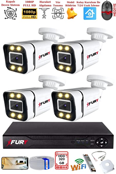 Fury 4 Kameralı 1080P Görüntü Gece Renkli Full HD 4 x Ultra LED Gece Renkli Güvenlik Kamerası Seti 320 GB