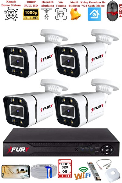 Fury 4 Kameralı 1080P Görüntü Gece Renkli Full HD 4 x Ultra LED Gece Renkli Güvenlik Kamerası Seti 320 GB