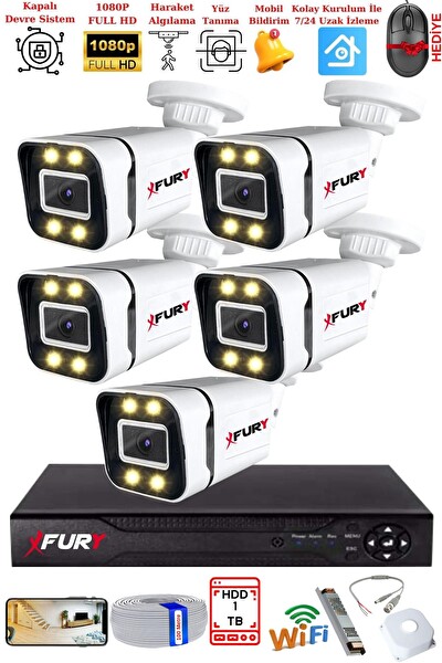 Fury 5 Kameralı 1080P Görüntü Gece Renkli Full HD 4 x Ultra LED Gece Renkli Güvenlik Kamerası Seti 1 TB