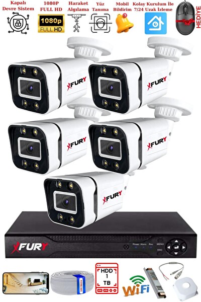 Fury 5 Kameralı 1080P Görüntü Gece Renkli Full HD 4 x Ultra LED Gece Renkli Güvenlik Kamerası Seti 1 TB