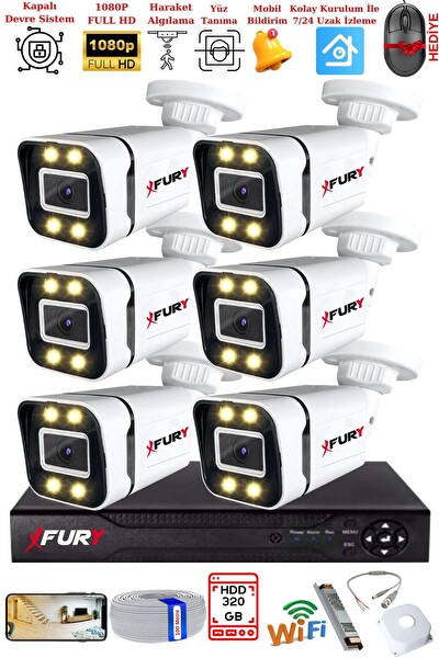 Fury 6 Kameralı 1080P Görüntü Gece Renkli Full HD 4 x Ultra LED Gece Renkli Güvenlik Kamerası Seti 320 GB