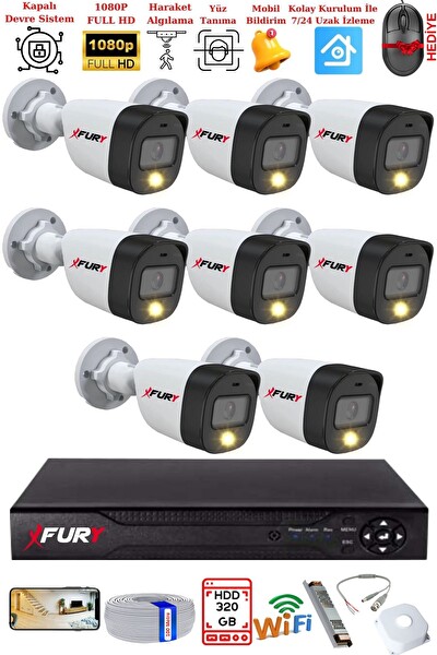 Fury 8 Kameralı 5 MP Lens 2 MP Görüntü Gece Renkli Full HD Ultra LED Akıllı Güvenlik Kamerası Seti 320 GB