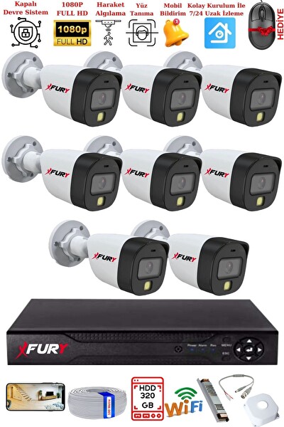 Fury 8 Kameralı 5 MP Lens 2 MP Görüntü Gece Renkli Full HD Ultra LED Akıllı Güvenlik Kamerası Seti 320 GB