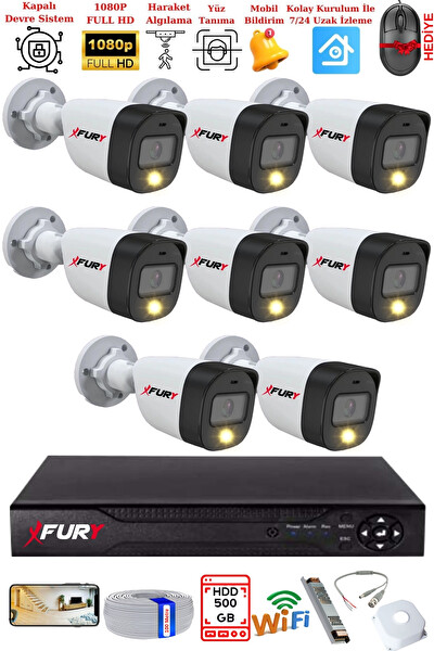 Fury 8 Kameralı 5 MP Lens 2 MP Görüntü Gece Renkli Full HD Ultra LED Akıllı Güvenlik Kamerası Seti 500 GB