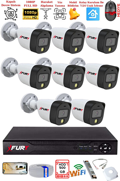 Fury 8 Kameralı 5 MP Lens 2 MP Görüntü Gece Renkli Full HD Ultra LED Akıllı Güvenlik Kamerası Seti 500 GB