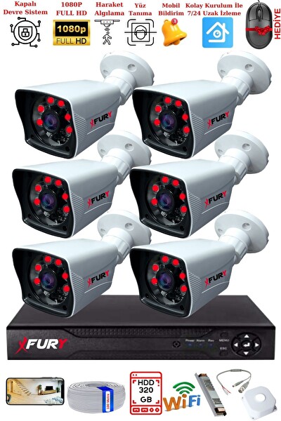 Fury 6 Kameralı 2 MP Full HD Görüntü 6 Atom LED Gece Görüşlü Dış Mekan Güvenlik Kamerası Seti 320 GB