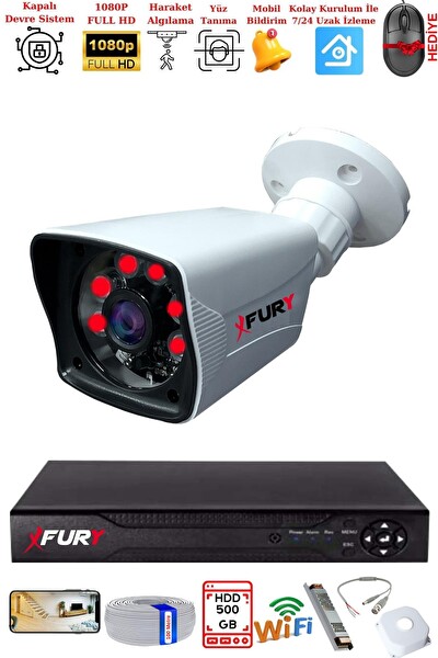 Fury 1 Kameralı 2MP Full HD Görüntü 6 Atom LED Gece Görüşlü Dış Mekan Güvenlik Kamerası Seti 500 GB