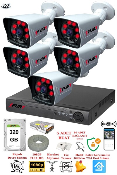 Fury 5 Kameralı 5 MP Lensli 1080P 2 MP Görüntü 6 Atom Gece Görüşlü FullHd Güvenlik Kamerası 5525A 320 GB