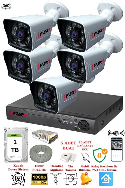 Fury 5 Kameralı 5 MP Lensli 1080P 2 MP Görüntü 6 Atom Gece Görüşlü FullHd Güvenlik Kamerası 5525A 1 TB