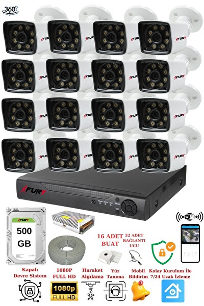 Fury 16 Kameralı 5 MP Lens 1080p 2 MP ColorGörüntü 8 Warm Led Gece Görüş FHD Güvenlik Kamera 5525W 500 GB