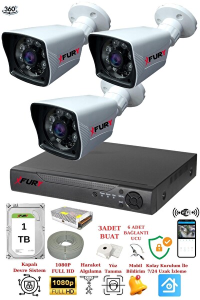Fury 3 Kameralı 5 MP Lensli 1080P 2 MP Görüntü 6 Atom Gece Görüşlü FHD Güvenlik Kamerası 5525A 1 TB
