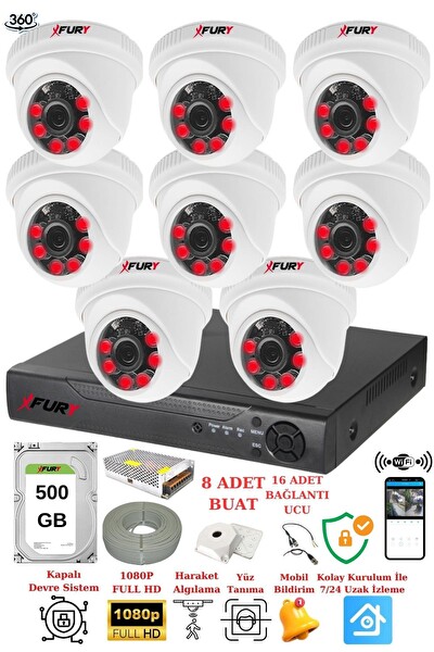 Fury 8 Kameralı 5 MP 3.6MM Lens 2 MP Görüntü 6 Atom Led Gece Görüşlü FHD Güvenlik Kamerası 1412A 500 GB