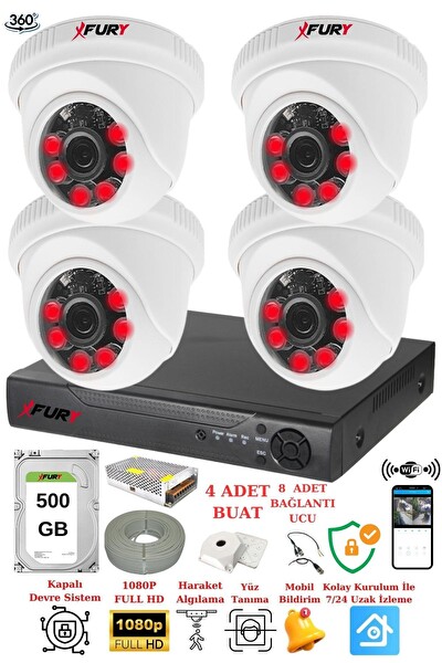 Fury 4 Kameralı 5 MP 3.6 MM Lens 2 MP Görüntü 6 Atom Led Gece Görüşlü FHD Güvenlik Kamerası 1412A 500 GB