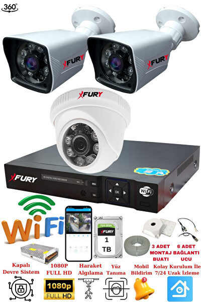 Fury 3 Kameralı 5 MP 3.6MM Lens 2 MP Görüntü 6 Atom Led Gece Görüşlü FHD Güvenlik Kamera 5525di 1 TB