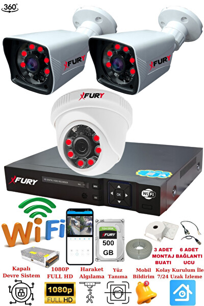 Fury 3 Kameralı 5 MP 3.6MM Lens 2 MP Görüntü 6 Atom Led Gece Görüşlü FHD Güvenlik Kamerası 5525di 500 GB
