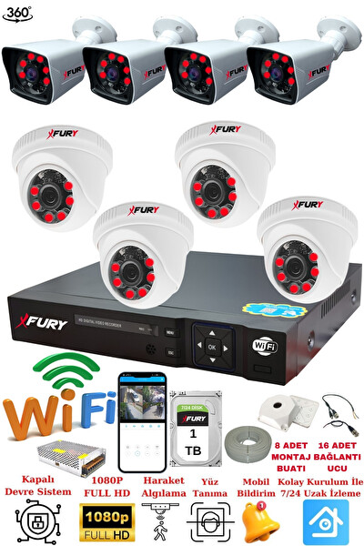 Fury 4 İç 4 Dış Kameralı 5 MP Lens 2 MP Görüntü Gece Görüşlü FHD Güvenlik Kamerası 14125525 1 TB