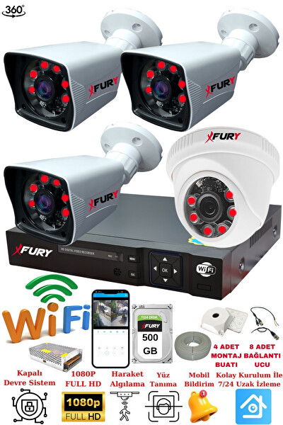 Fury 4 Kameralı 5mp 3.6MM Lens 2mp Görüntü 6 Atom Led Gece Görüşlü FHD Güvenlik Kamerası 5525di 500 GB