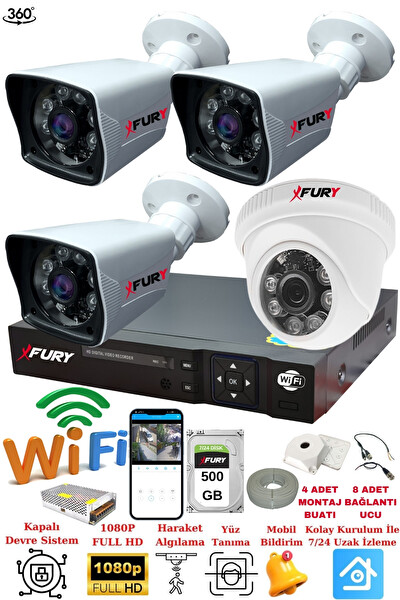 Fury 4 Kameralı 5mp 3.6MM Lens 2mp Görüntü 6 Atom Led Gece Görüşlü FHD Güvenlik Kamerası 5525di 500 GB
