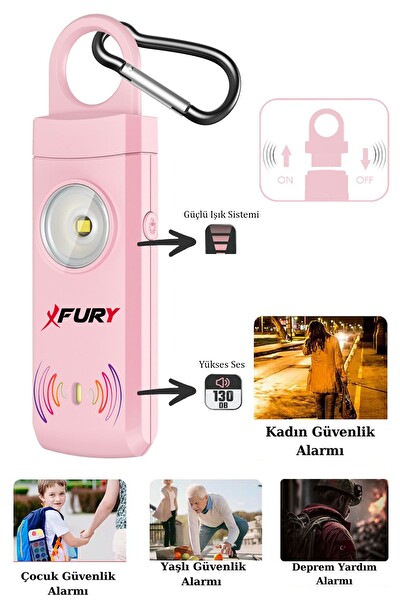 Fury 130db Yüksek Sesli Işıklı Şarj Edilebilir Kişisel Güvenlik Alarmı ve Anahtarlık - Pembe