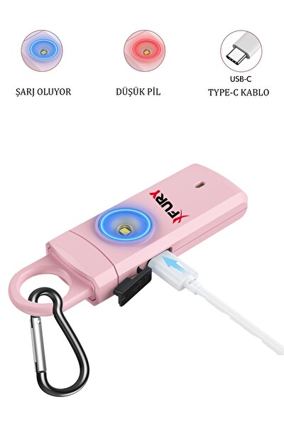 Fury 130db Yüksek Sesli Işıklı Şarj Edilebilir Kişisel Güvenlik Alarmı ve Anahtarlık - Pembe