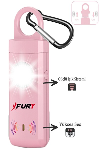 Fury 130db Yüksek Sesli Işıklı Şarj Edilebilir Kişisel Güvenlik Alarmı ve Anahtarlık - Pembe