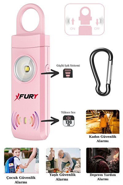Fury 130db Yüksek Sesli Işıklı Şarj Edilebilir Kişisel Güvenlik Alarmı ve Anahtarlık - Pembe