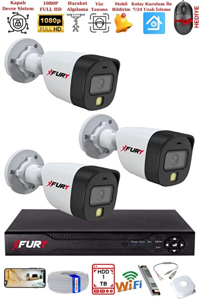 Fury 3 Kameralı 5Mp Lens 2 Mp Görüntü Gece Renkli FHD Ultra Led Akıllı Güvenlik Kamerası Seti 1 TB