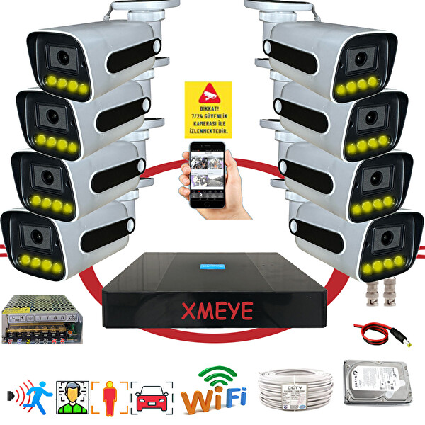 Bises 8'li Araç Yüz ve İnsan Tanımalı Hareket Algılayan 5 MP Lens 4 Warm Led Gece Renkli Gösteren Güvenlik Kamera Seti BS784W