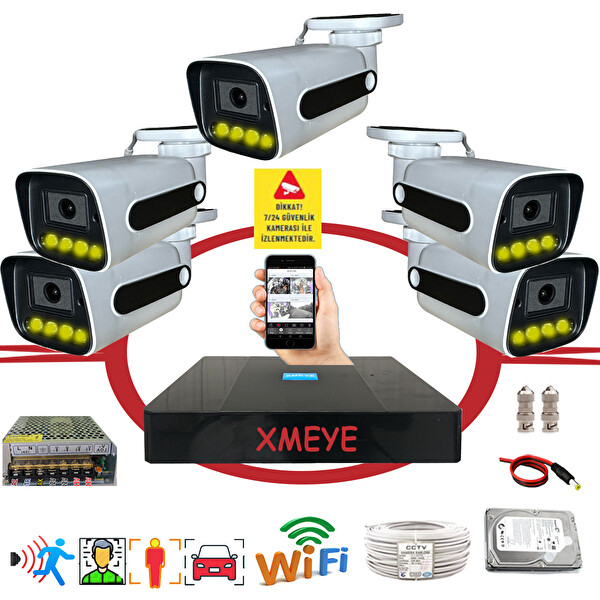 Bises 5'li Araç Yüz ve İnsan Tanımalı Hareket Algılayan 5 MP Lens 4 Warm Led Gece Renkli Gösteren Güvenlik Kamera Seti BS784W