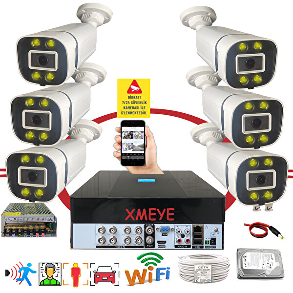Bises 6'lı Araç Yüz ve İnsan Tanımalı Hareket Algılayan 5 MP Lens 4 Warm Led Gece Renkli Gösteren Güvenlik Kamera Seti BS604W