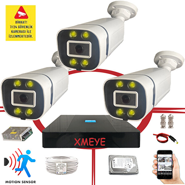 Bises 3 Kameralı Hareket Algılayan 5 MP Lens 4 Warm Led Gece Renkli Gösteren Güvenlik Kamerası Seti BS 604W