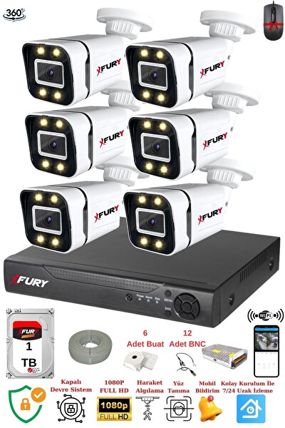 Fury 6 Kameralı FHD Gece Renkli - Su Geçirmez Ultra Led Güvenlik Kamerası Seti 1 TB