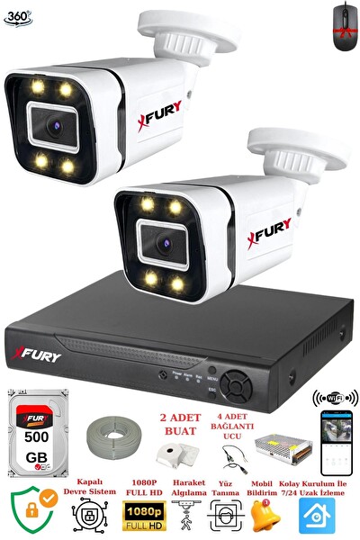 Fury 2 Kameralı FHD Gece Renkli - Su Geçirmez Ultra Led Güvenlik Kamerası Seti 500 GB