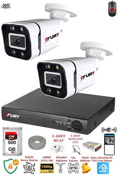 Fury 2 Kameralı FHD Gece Renkli - Su Geçirmez Ultra Led Güvenlik Kamerası Seti 500 GB
