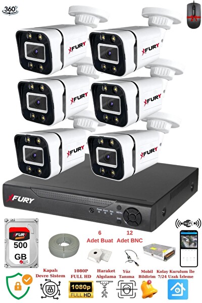 Fury 6 Kameralı FHD Gece Renkli - Su Geçirmez Ultra Led Güvenlik Kamerası Seti 500 GB