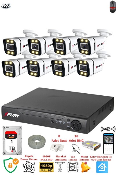 Fury 8 Kameralı FHD Gece Renkli - Su Geçirmez Ultra Led Güvenlik Kamerası Seti 1 TB