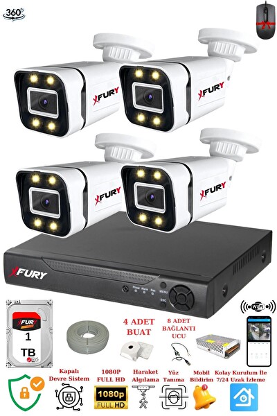 Fury 4 Kameralı FHD Gece Renkli - Su Geçirmez Ultra Led Güvenlik Kamerası Seti 1 TB