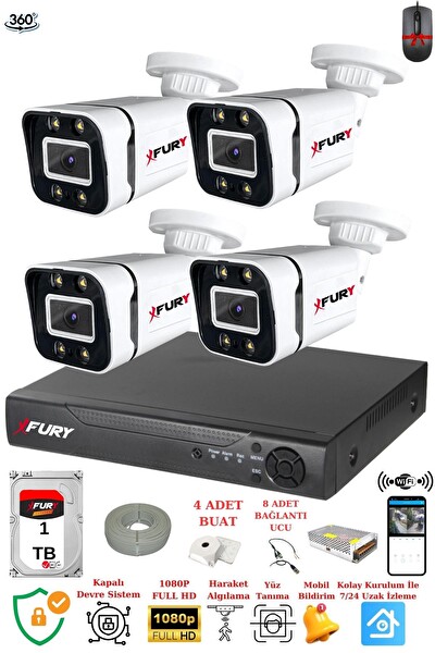 Fury 4 Kameralı FHD Gece Renkli - Su Geçirmez Ultra Led Güvenlik Kamerası Seti 1 TB