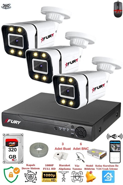 Fury 3 Kameralı FHD Gece Renkli - Su Geçirmez Ultra Led Güvenlik Kamerası Seti 320 GB